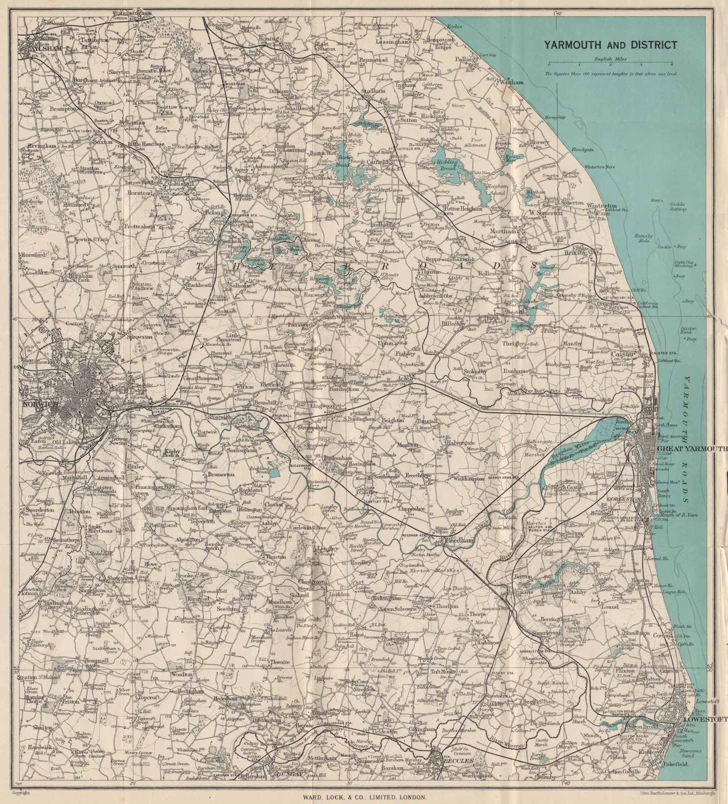 NORFOLK BROADS. Great Yarmouth Lowestoft Beccles Norwich. WARD LOCK 1950 map